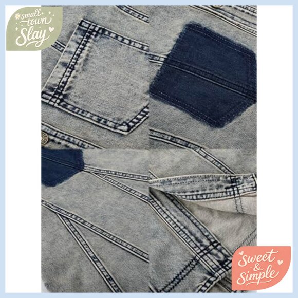 Denim Babydoll Dress with Balloon Sleeves Button Front A-Line Mini - Picture 4 of 6